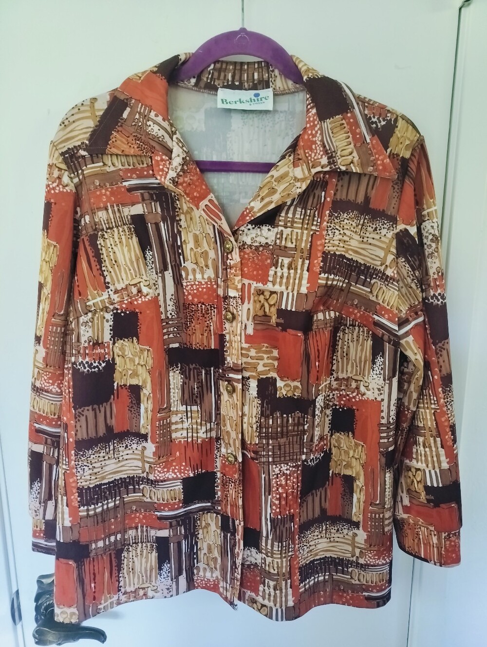 Vintage 1970s Dagger Collar Blouse Berkshire B-Tween Patchwork Earth Tones L/XL